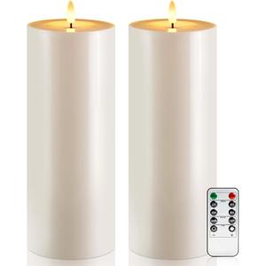 Raycare 2Pcs 4'' X 12'' Large Waterproof Outdoor Flameless Candle, Battery Operated LED Candles with Remote Control and Timer, Electric Fake Plastic Pillar Candles, Ivory