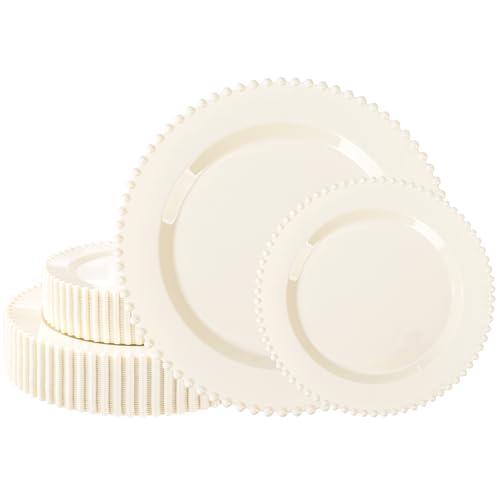 U-QE 60PCS Ivory Plastic Plates - Beaded Ivory Plates Disposable Heavy Duty - Perfect for Party, Baby Shower, Wedding, Birthday - Include 30PCS 10inch Dinner Plate & 30PCS 7inch Dessert Plate