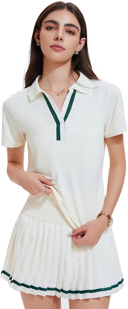 Women 2 Piece Tennis Skirt Set Pleated Golf Outfit, Polo V-Neck Athletic Dress Alternative Skort Set for Pickleball Pockets, L