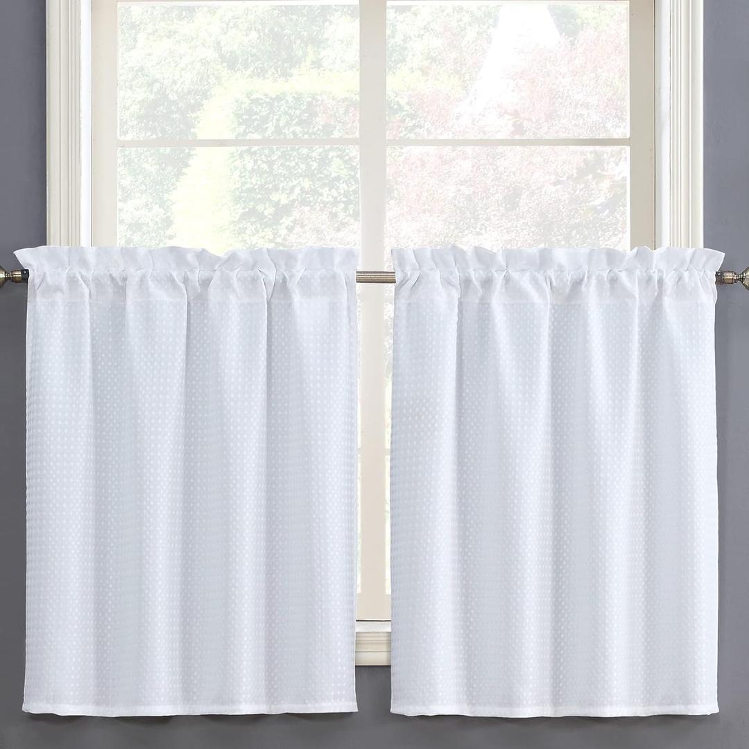 Home Queen White Water Resistant Bathroom Window Curtain, Waffle Textured Half Tier Curtains for Kitchen Cafe, 36" W X 36" L Inches, Set of 2