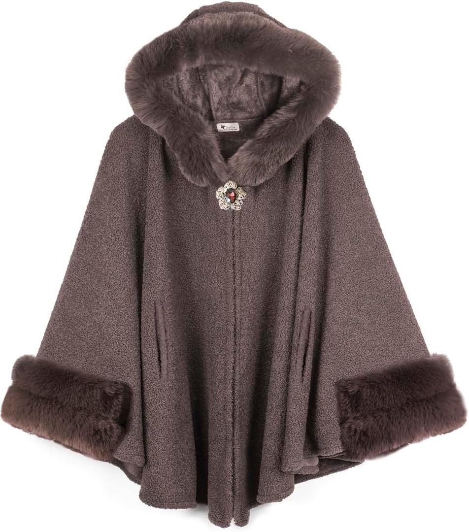 Dahlia Women's Winter Poncho Cape – Luxurious Faux Fur-Trimmed, Shed-Free, Silky Touch, Fleece-Lined Elegant Cloak, Camel Medium
