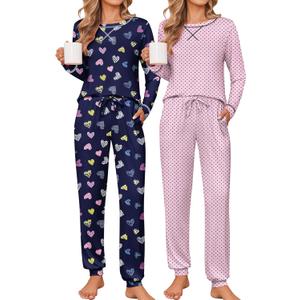 Ekouaer 2 Pack Pajama Sets for Womens Jogger Pants Pjs Long Sleeves Lounge Set Soft Sleepwear with Pockets (Medium, Blue Hearts/Pink Dots)