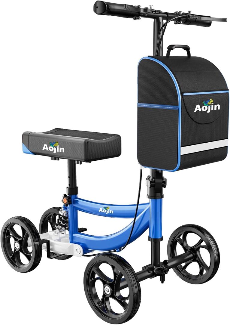 Aojin Knee Scooter for Adults for FootInjuries, 300lbs Capacity, All Terrain Foldable Knee Scooter Walker with Bag, 13" Wide Pu Seat, Compact Crutches Alternative (Blue)