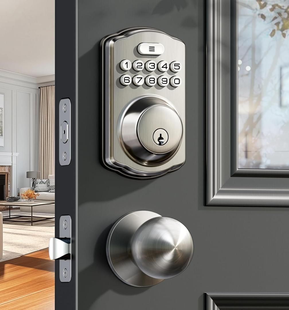 Veise Keyless Entry Door Lock with 2 Knobs, Electronic Backlit Keypad Deadbolt with Handle Set, Auto Lock, One-time Codes, Smart Deadbolt for Front Door, Easy Installation, Satin Nickel (Satin Nickel)