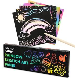 Mr. Pen - Rainbow Scratch Art for Kids, 125 pcs, Wooden Stylus, Black Scratch Paper