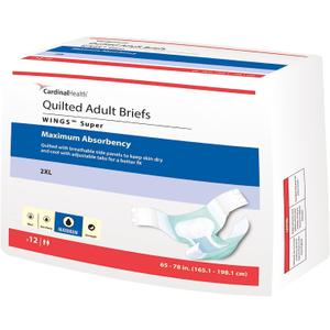 Cardinal Health Quilted Adult Briefs, Wings Super with BreatheEasy Technology, Maximum Absorbency, XX-Large, Bag of 12