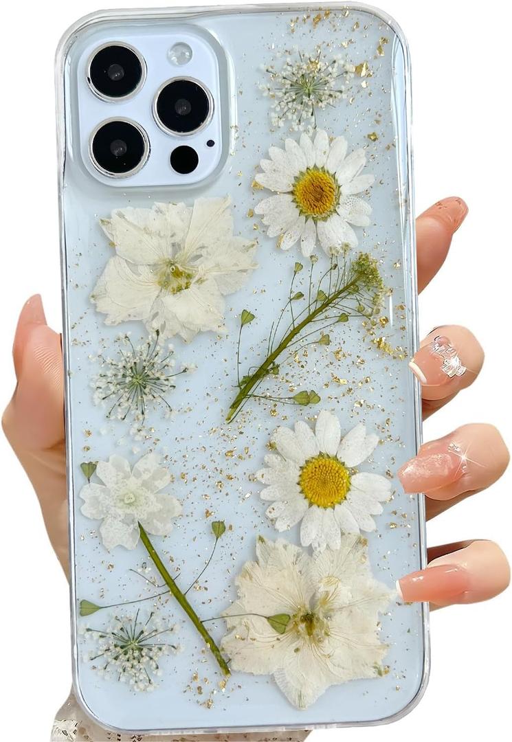 for iPhone 12 Pro Max Clear Case with Pressed Real Flowers Design,Glitter Cute White Floral Pattern Slim Soft TPU Protective Women Girl's Phone Cover for iPhone 12 Pro Max