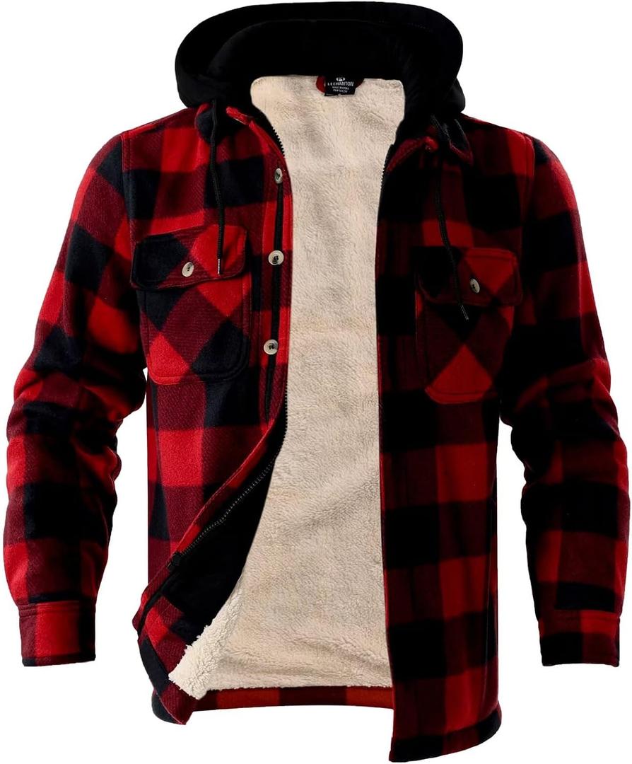 LeeHanTon Mens Flannel Jacket Heavyweight Sherpa Fleece Jackets Outdoor Hiking Casual Soft Warm Coat with Pockets (XL)