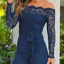 CHICME Womens Dressy Jumpsuits Casual One Piece Outfits Off Shoulder Lace Trim Overalls Straight Leg Pants (Blue, M)