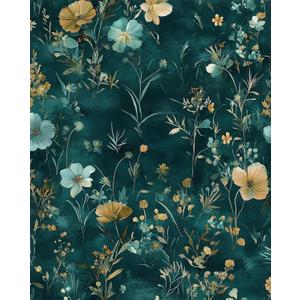 Vintage Floral Peel and Stick Wallpaper Boho Wallpaper 17.5''x393'' Teal/Blue/Yellow Wildflowers Vinyl Contact Paper Waterproof Self Adhesive Modern Stick on Wall Paper for Bedroom Wall Table Cabinet