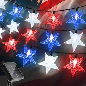 4th of July Twinkle Solar Star String Lights Outdoor 39FT/100L Fairy Lights | Red White and Blue 8 Modes Independence Day President Day Memorial Day