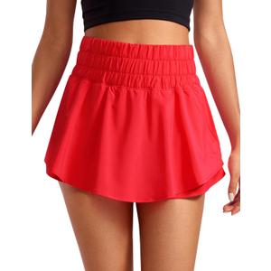 CRZ YOGA Ruffle Skirt Overlay Athletic Shorts for Women - High Waisted Flowy for Workout Running Tennis with Zip Pocket (X-Small, Deep Red)