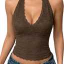 QINSEN Women's Lace Halter Top V Neck Tie Back Double-Layer Tank Top Backless Sleeveless Slim Fit Going Out Shirts (Brown, S)