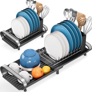 Small Dish Drying Rack, Mini Expandable Compact Dish Rack, Slim Extendable Stainless Steel Dish Drainer for Kitchen Plate Storage, Space Saving Dish Strainer in Sink or on Home Countertop, Black (Black)