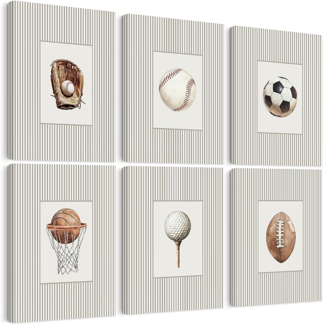 Sports Wall Art Decor Toddler Boys Room Canvas Prints Vintage Sports Nursery Wall Decor Baby Kids Poster Football Baseball Pictures Basketball Artwork for Children Bedroom 8x10x6 Inch Ready to Hang