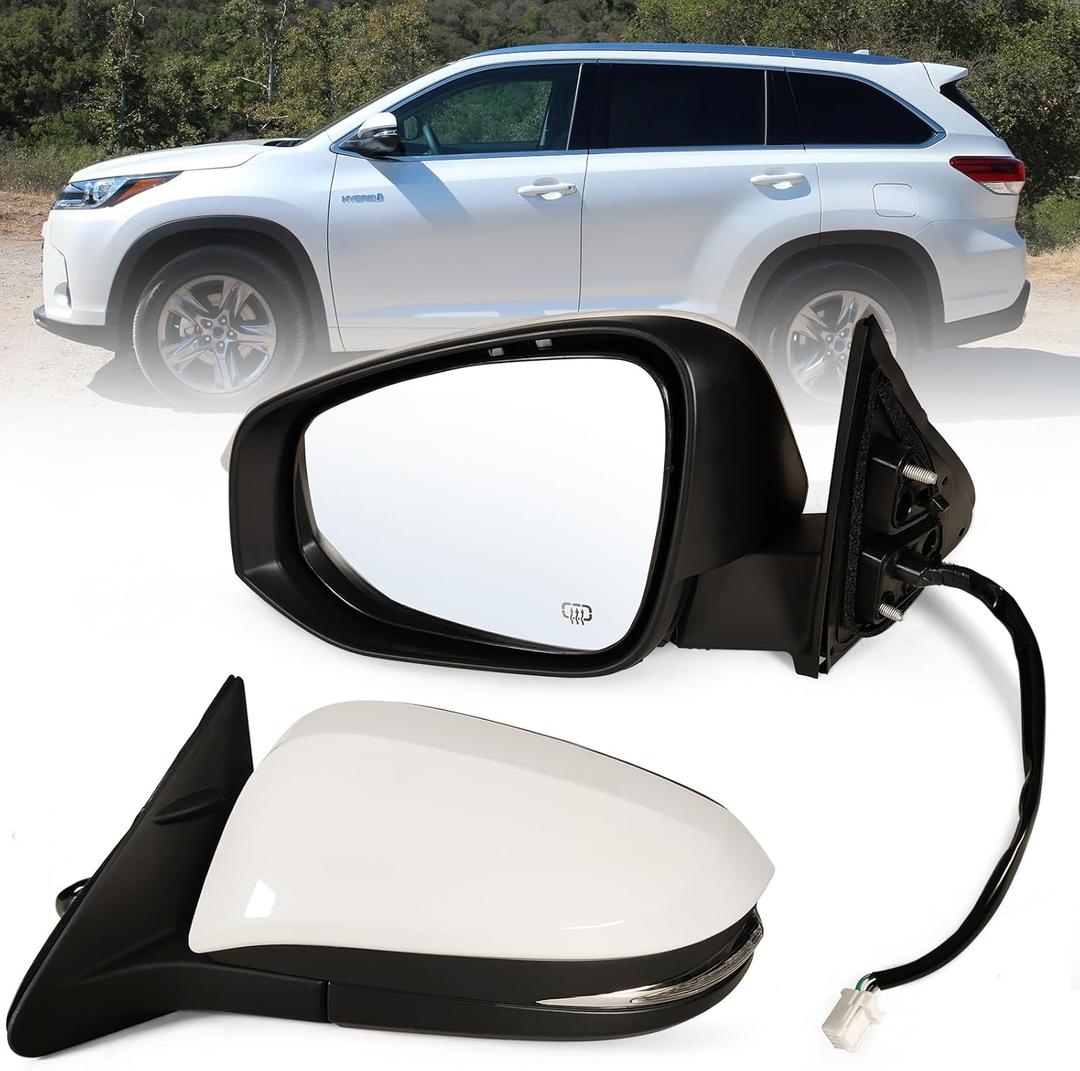 Left Driver side Mirror Fits 2014-2019 Toyota Highlander With Power Glass, Heated,Turn Signal and Manual Folding,Without Blind Spot Match White Replace 87940-0E130,(6Pins)