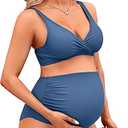Charmo High Waisted Maternity Swimsuit Bikini Set V Neck Pregnancy Bathing Suits Push Up Two Piece Swimwear (Medium, #3c Dark Red)