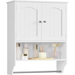 Iwell Bathroom Wall Cabinet, Over The Toilet Storage Cabinet with Towel Rack & Adjustable Shelf, Medicine Cabinet for Bathroom, White