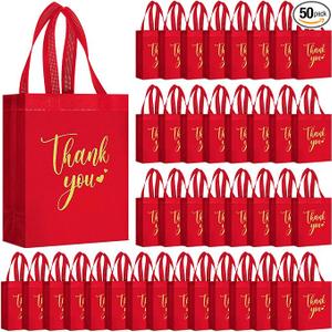 SilTriangle 50 Pcs Thank You Gift Bags with Handles Bulk Thank You Reusable Non Woven Bags Bridesmaid Souvenir Handbags for Valentine's Day Wedding Easter Graduation(10 x 8 x 4 Inch,Red)
