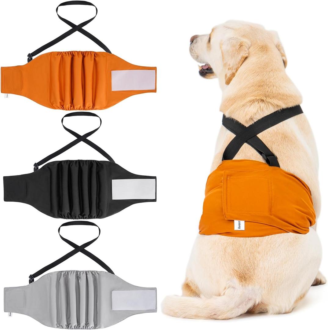 3 Pack Avont Male Dog Belly Band with Suspenders, Reusable Boy Doggie Diaper with Harness, Escape Proof, Non-Slip, Washable Doggy Pee Wraps for Large Dogs (Black/Grey/Brown)