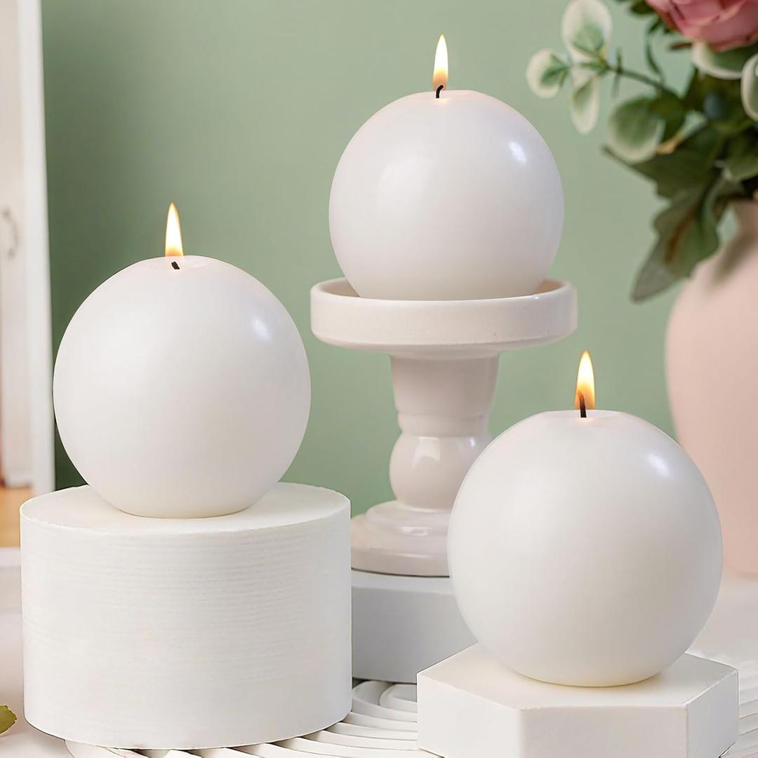3 in Soy Ball Candles,4 Pack Hand-Poured Natural Soybean Wax Round Pillar Candles,Elegant White Candles-26H Long Burning Time,Dripless,Unscented,Smokeless Candles Dinner Table,for Wedding,Home Decor