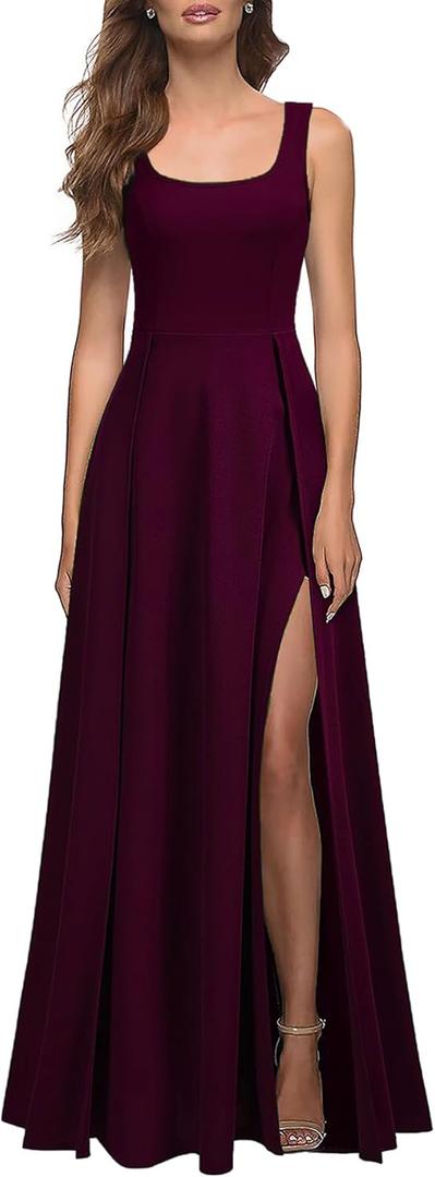 MUSHARE Women's Square Neck Sexy Split Cocktail Party Maxi Long Formal Dress (Medium, Burgundy)
