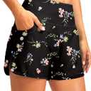 G Gradual Women's 3" High Waisted Swim Board Shorts with Pockets Quick Dry Swimsuit Bottoms Bathing Suit for Women with Liner (Medium, Black Floral)