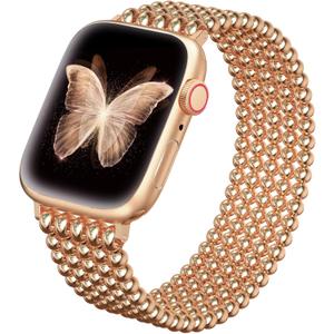 fastgo Beaded Bracelet Band Compatible with Apple Watch Band 41mm/40mm/38mm/44mm/45mm/42mm/49mm Women, Dressy Beaded Strap for Iwatch (Rose Gold)