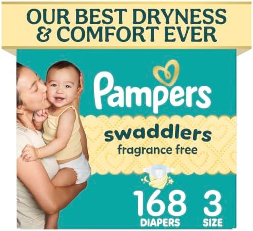 Pampers Swaddlers Diapers, Size 3 (13-26 lbs), 168 Count, Fragrance Free, Hypoallergenic, Absorbent, Pediatrician Recommended, Skin Safe
