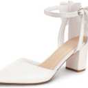 Womens Closed Pointed Toe Heels with Bow Low Chunky Block Heel Ankle Strap D'Orsay Pumps Bridal Wedding Dress Shoes, size 9