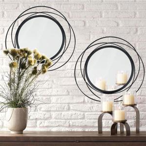 2 Set 15.7'' Black Circle Mirrors Wall Decor Iron Frame Wall Art Round Mirror Home Decor Hanging for Living Room/Bedroom/Bathroom/Entryway (Medium Size 15.7 inch,Circles)