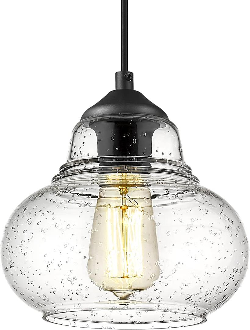 ELYONA 8 Inch Globe Pendant Light Bubble Glass Industrial Kitchen Island Hanging Pendant Light Fxiture Modern Hand Blown Seeded Glass for Farmhouse Dining Room Bar Bedroom Living Room Black