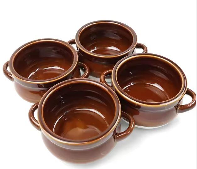 French Onion Soup Bowls with Handles, 16 Oz Ceramic Soup Serving Bowl Crocks - Oven Safe Bowls for Chili, Beef Stew, Cereal, Pot Pies, Set of 4 (Brown)