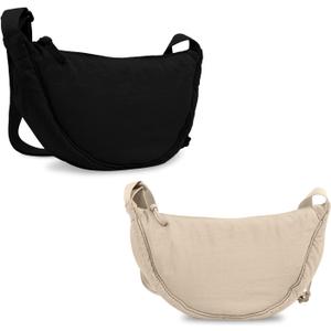Nylon Crescent Crossbody Bag for Women Purses Trendy Men,Small Travel Sling Bag Hobo (Beige+black)