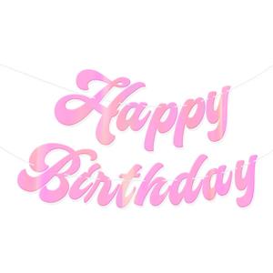 HOUSE OF PARTY Pre-Strung Happy Birthday Banner-No DIY | 6 Feet Pink Shiny Iridescent Happy Birthday Letters Banner Sign, Birthday Hanging Garland Decorations Party Supplies for Girls Women
