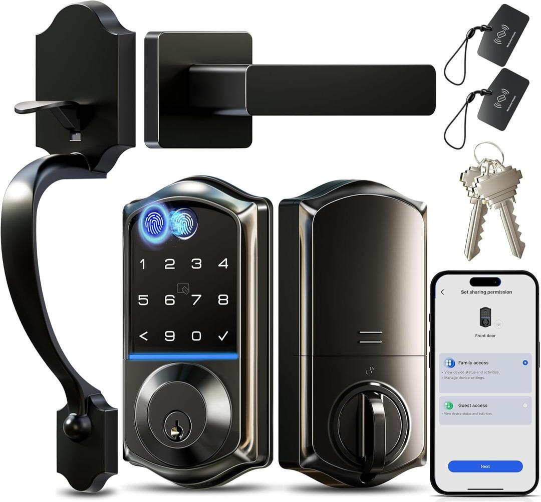 Veise VE017-H Fingerprint Smart Front Door Lock Set, App Control, Keyless Entry Deadbolt with Handle, Smart Deadbolt, Emergency Power Port, Touchscreen Keypad, Auto Lock, Easy Install, Matte Black