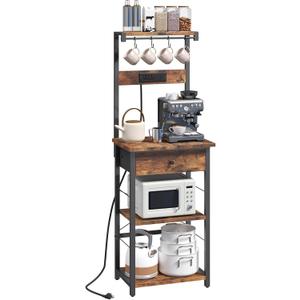 Bakers Rack with Drawer, Microwave Stand with Power Outlet, Coffee Bar Station with 4 Hooks, Kitchen Storage Shelf Rack 4 Tiers, for Kitchen, Dining Room, Rustic Brown and Black BRHR48E01