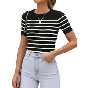 ZESICA Women's Striped Short Sleeve T Shirt 2026 Summer Crewneck Ribbed Knit Fitted Casual Basic Tee Tops Going Out Outfits (Black, XS)