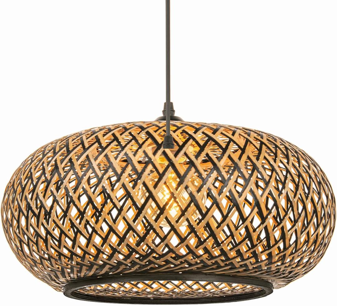 Arturesthome Bamboo Woven Pendant Light for Kitchen Island, Hand-Woven Black Shades Chandelier, Handmade Hanging Lights Crafts Lampshade, 50cmx25cm