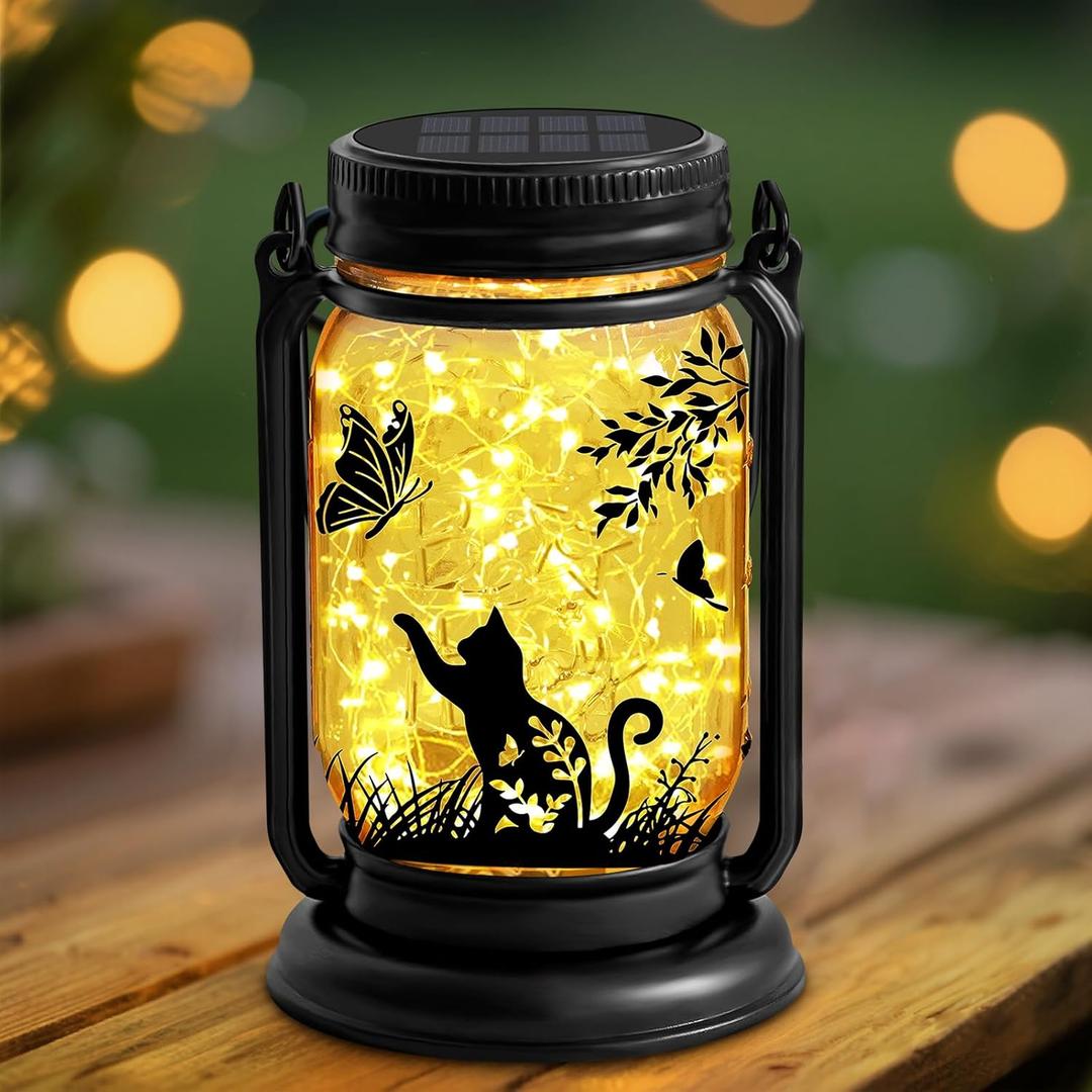 Cat Lover Gifts for Mom, Grandma, Women Mothers Day Birthday, Cat Solar Lanterns Butterfly Vintage Glass Hanging Mason Jar, Waterproof Fairy Garden Lights for Patio Yard Lawn Tree Decor