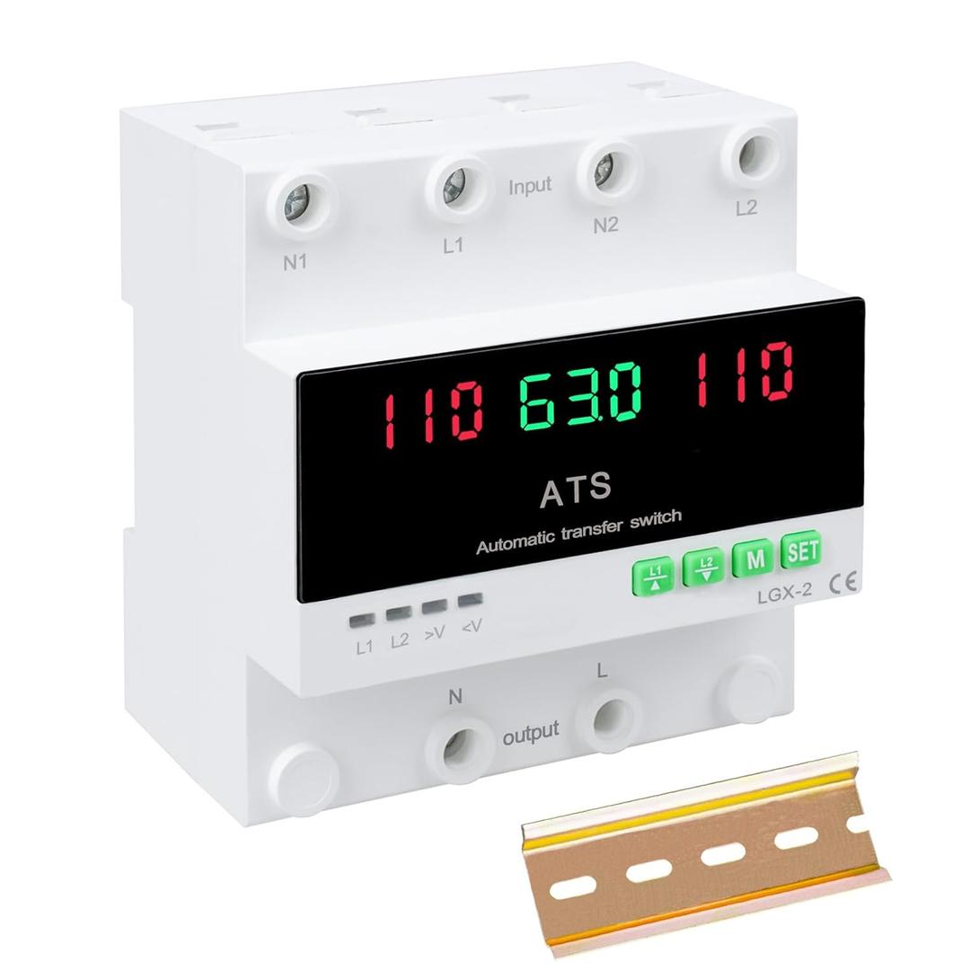 100A 120V Automatic/Manual Generator Transfer Switch, DIN Rail Mount 110V for Generator Backup Power & Gas Furnace, 50/60Hz, LED Display, CE Certified