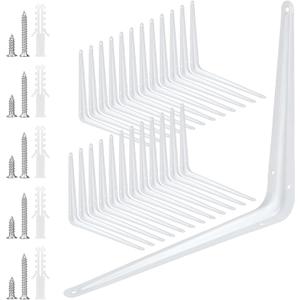 SOUJAP 24 Pack 10 x 12 Inch White Shelving Brackets, Metal L Brackets Supports, Wall Corner Angle Shelf Brackets with 144 Screws and 72 Plastic Expansion Tubes for Wall Hanging