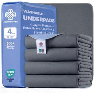Accompagner Incontinence Bed Pads Washable Waterproof, Ultra-Absorbent Reusable Underpads for Diaper Changing, Nursing, Bedridden, Adults, Seniors, Kids and Dogs (Dark Gray, 36"x36"(Pack of 4))