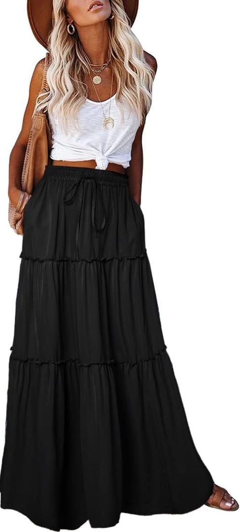 EARKOHA Women's Boho Maxi Skirt 2026 Summer Cruise Casual High Waist Tie Flowy Long Skirt with Pockets For Beach Vacation, S
