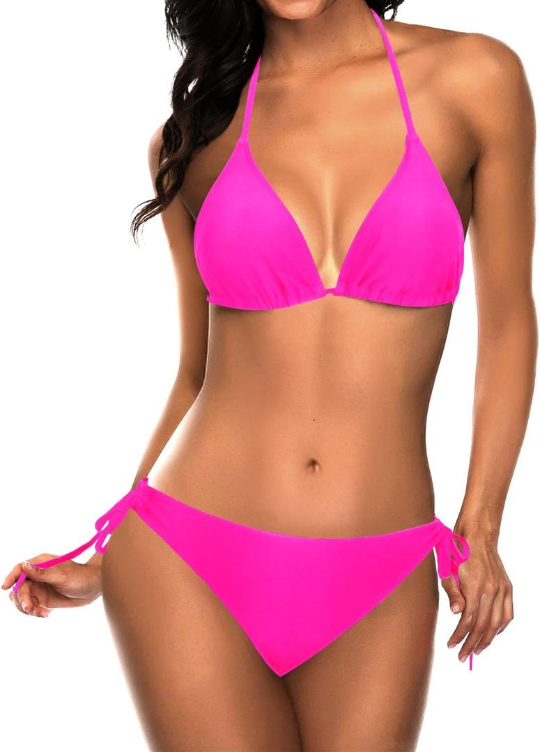 Tempt Me Women Triangle Bikini Sets Halter Two Piece Sexy Swimsuit String Tie Side Bathing Suit (Large, Hot Pink)