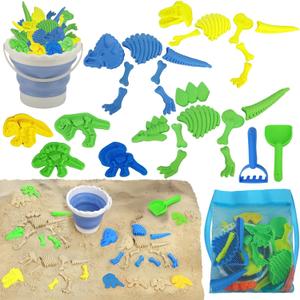 TOY Life 30 Pcs Dinosaur Fossil Beach Toys for Kids Ages 4-8 Collapsible Sand Toys with Dinosaur Toys Silicone Bucket Shovels & Dino Digging Building Kit Molds, Sandbox Toy for Summer, Travel