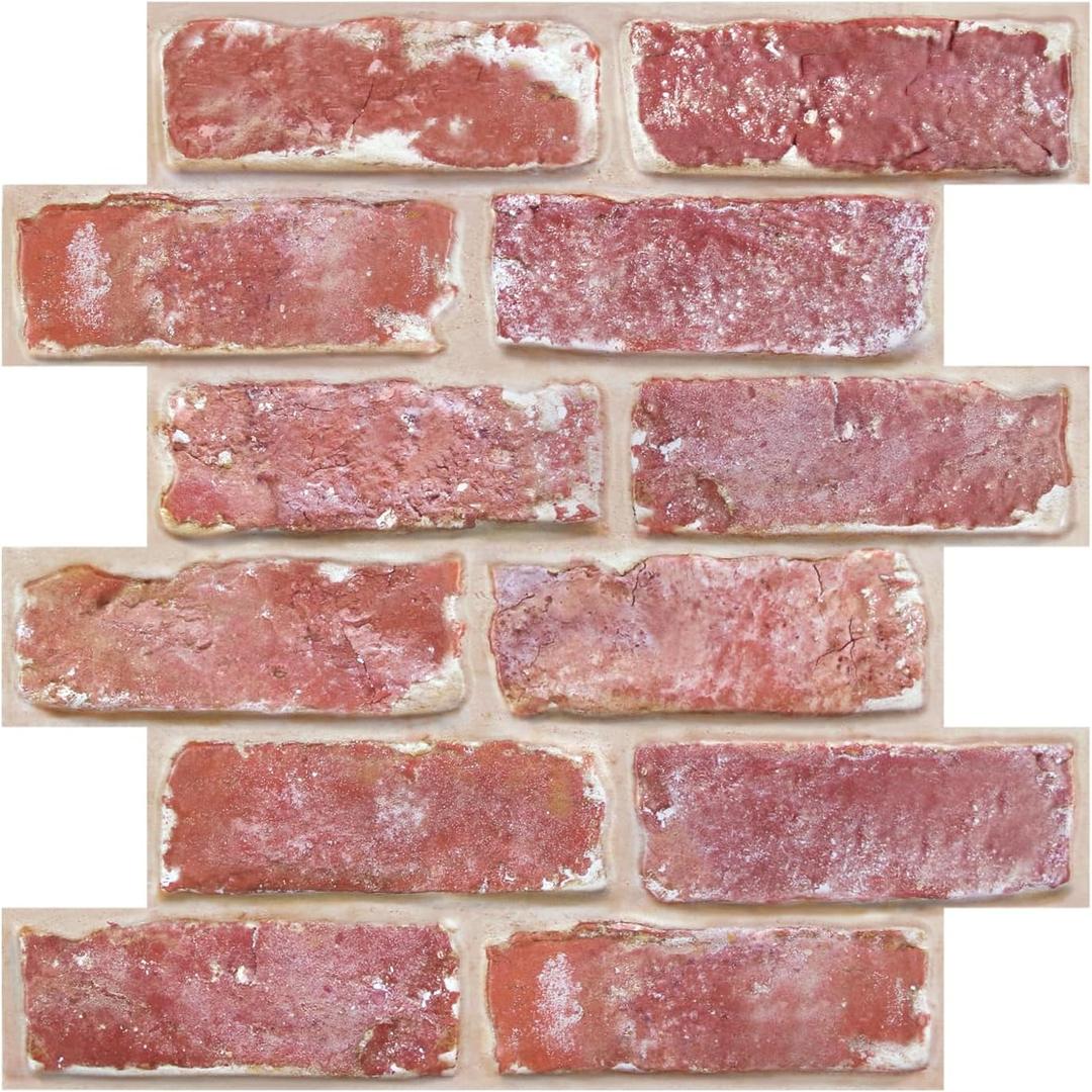3D Red Brick Wall Panels, Peel and Stick Brick Tiles, 10 Pcs of 12"X12", Small Size Thin PVC Faux Brick Adhesive Whitewash Red Brick Backsplash Fake Brick Paneling, Paintable Decorative Tile