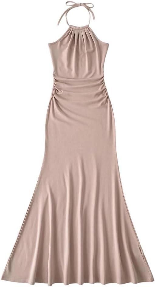 Women Sexy Knitting Viscose Cotton Lacing Up Spaghetti Straps Folded Ruched Slim Waist Midi Long Mermaid Dress Pnnrk L