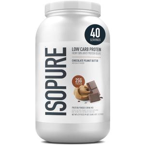 Isopure Low Carb 100% Pure Whey Isolate Protein Powder, Lactose Free, Gluten Free, With Vitamins, Chocolate Peanut Butter, 25g Protein Per Serving, 3 Lbs, 40 Servings (Packaging May Vary) (EXP 09/10/27)