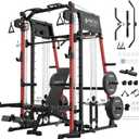 Mikolo M4 2.0 Smith Machine, 2200lbs Squat Rack with LAT-Pull Down System & Cable Crossover Machine, Training Equipment with Leg Hold-Down Attachment (Red)